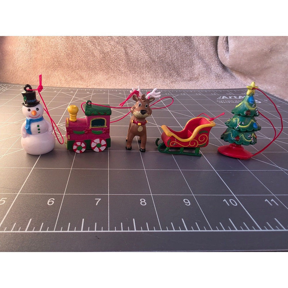 Miniature Christmas Ornaments Set of 5 Snowman Train Reindeer Sleigh Tree Decor